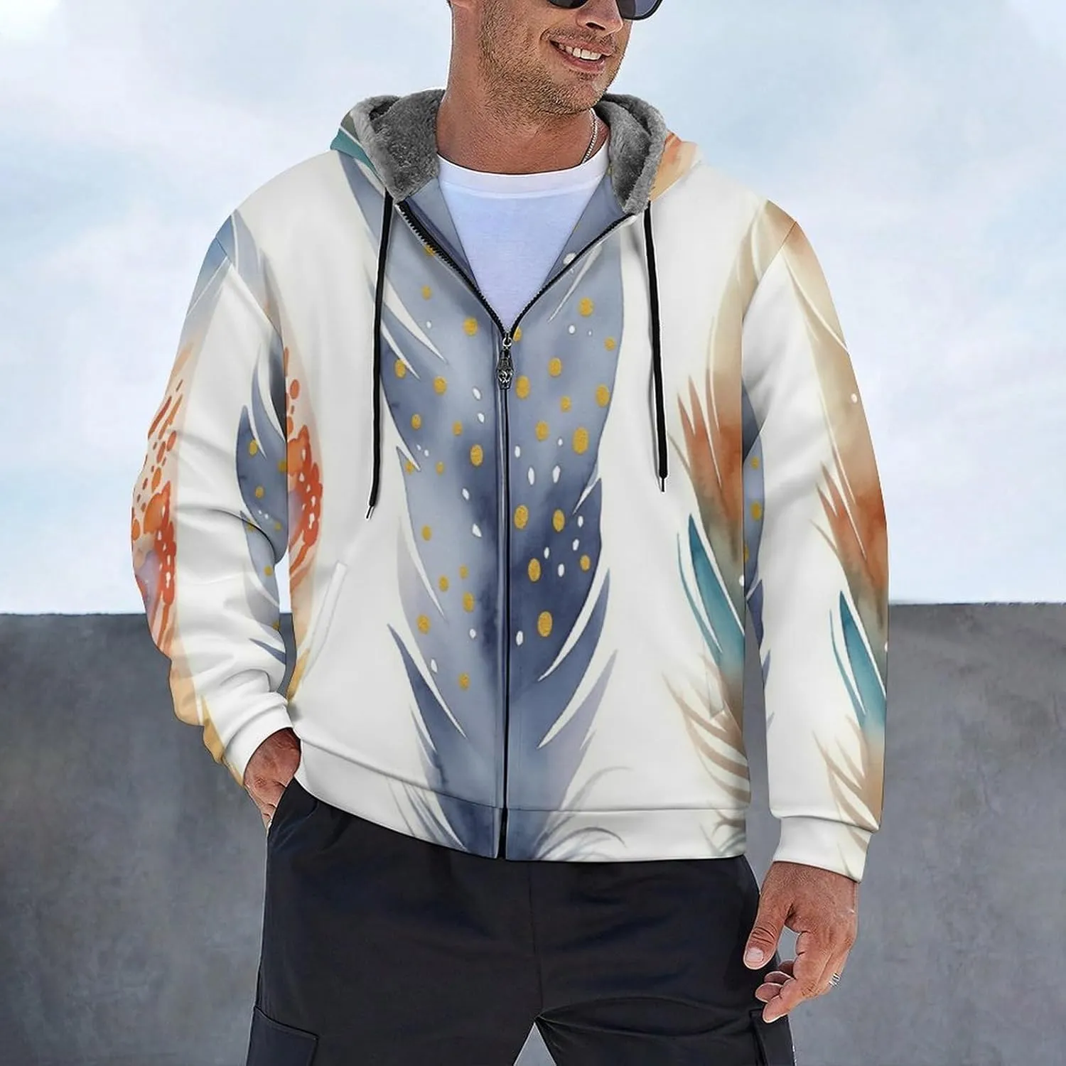 Mens Cotton Padded Fleece Jacket, Winter Full Zip Up Coat, Watercolor Feathers Hooded Warm Lined Sweatshirts, Windp