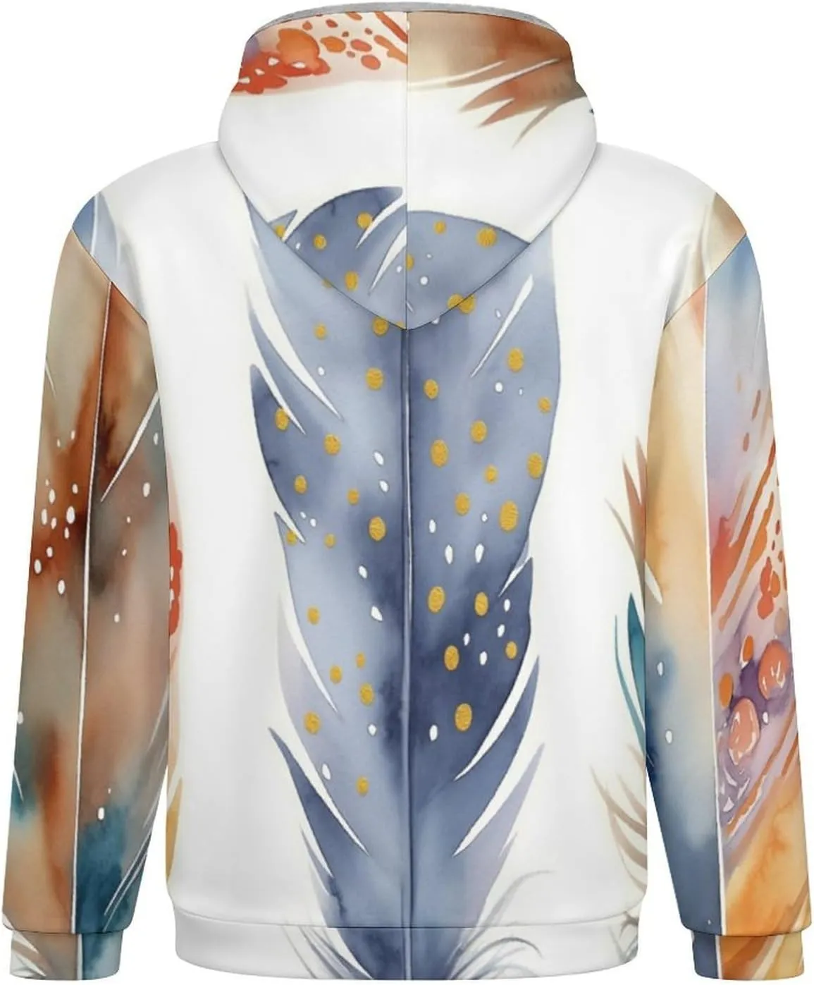 Mens Cotton Padded Fleece Jacket, Winter Full Zip Up Coat, Watercolor Feathers Hooded Warm Lined Sweatshirts, Windp