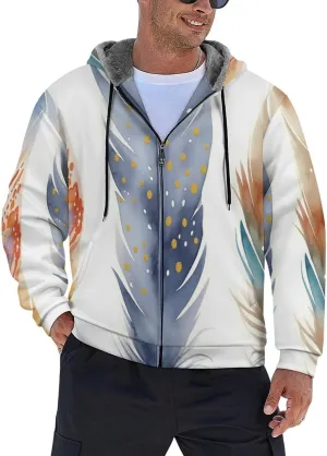 Mens Cotton Padded Fleece Jacket, Winter Full Zip Up Coat, Watercolor Feathers Hooded Warm Lined Sweatshirts, Windp