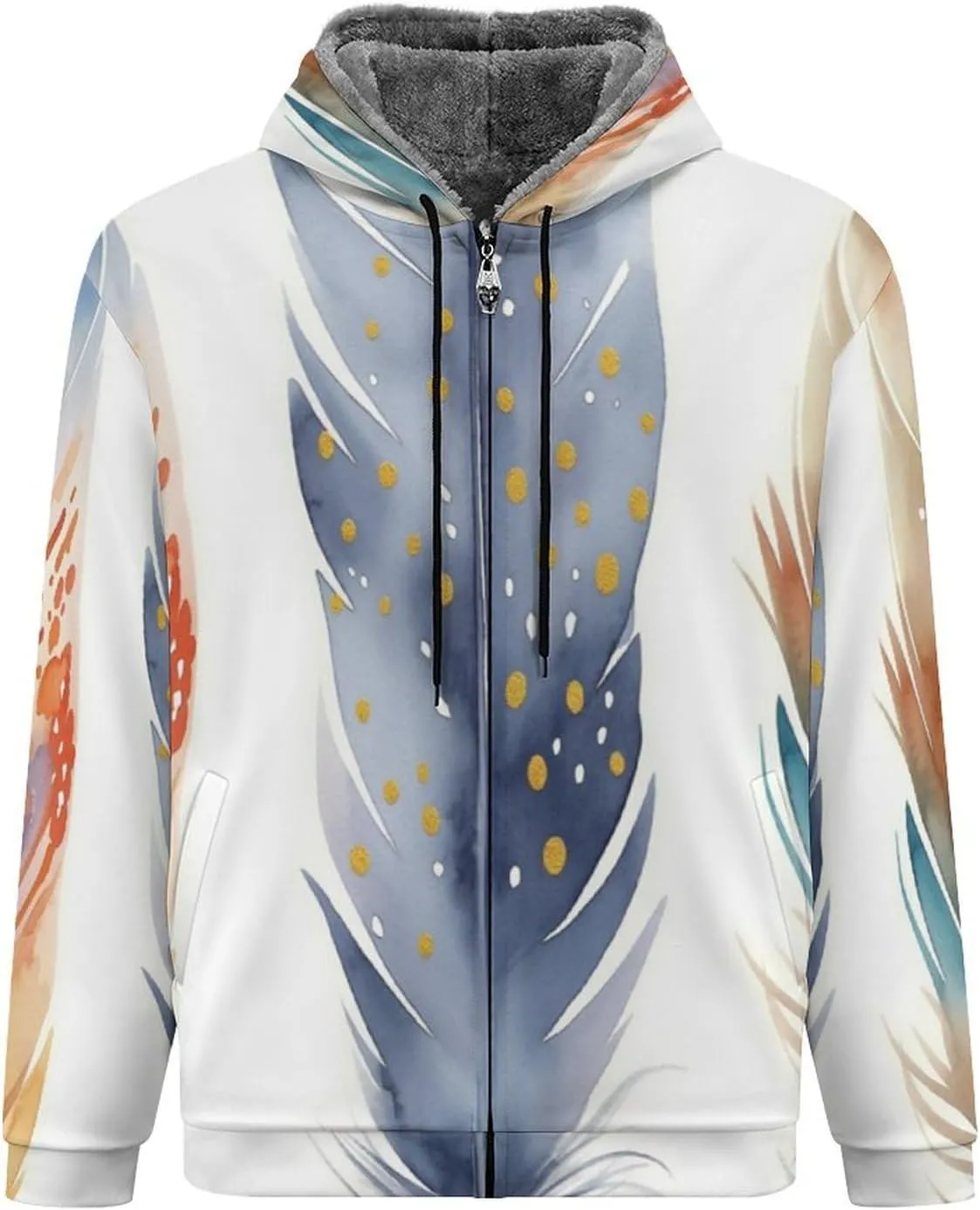 Mens Cotton Padded Fleece Jacket, Winter Full Zip Up Coat, Watercolor Feathers Hooded Warm Lined Sweatshirts, Windp