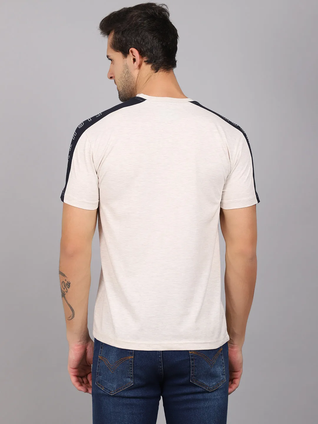 Men's Ecru Melange Round neck Half Sleeve T-Shirt with Print & contrast shoulder insert