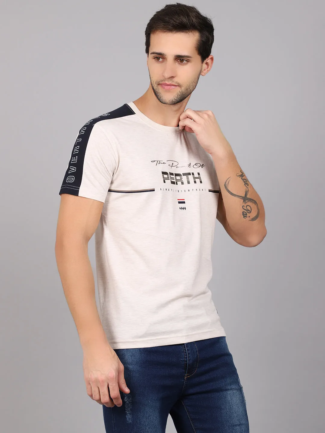 Men's Ecru Melange Round neck Half Sleeve T-Shirt with Print & contrast shoulder insert