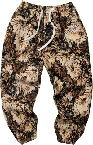 Mens Embroidered Floral Casual Pants with Drawstrings Trend Color Matching Slacks for Men Flower Printed Party Prom Trousers