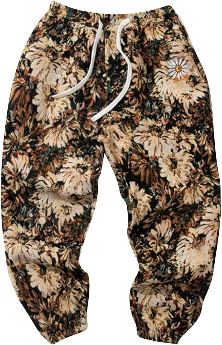 Mens Embroidered Floral Casual Pants with Drawstrings Trend Color Matching Slacks for Men Flower Printed Party Prom Trousers