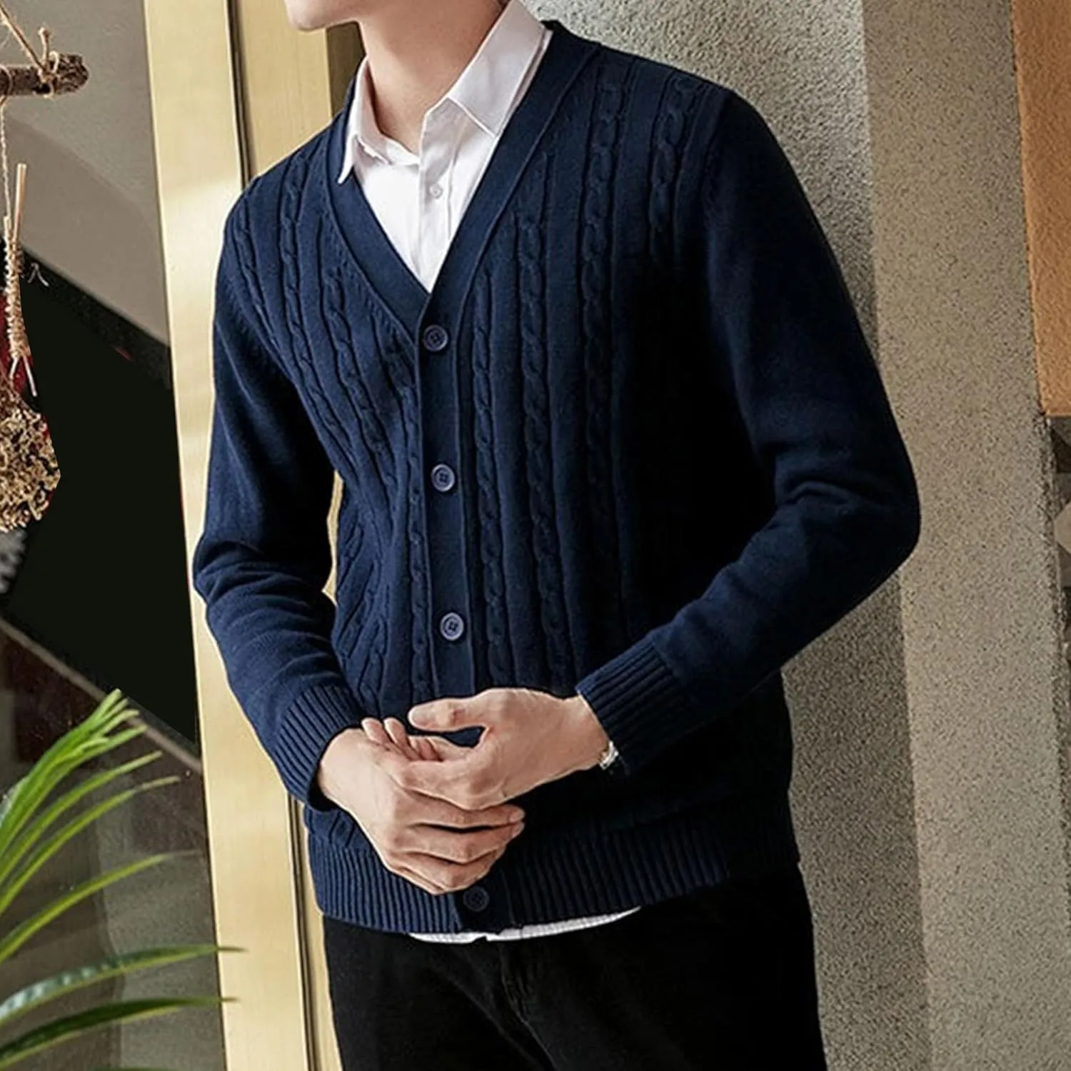 Men's Knitted Ribbed V Neck Sweater Cardigan Button Up Regular Fit Sweater Ribbed Long Sleeve Casual Sweaters