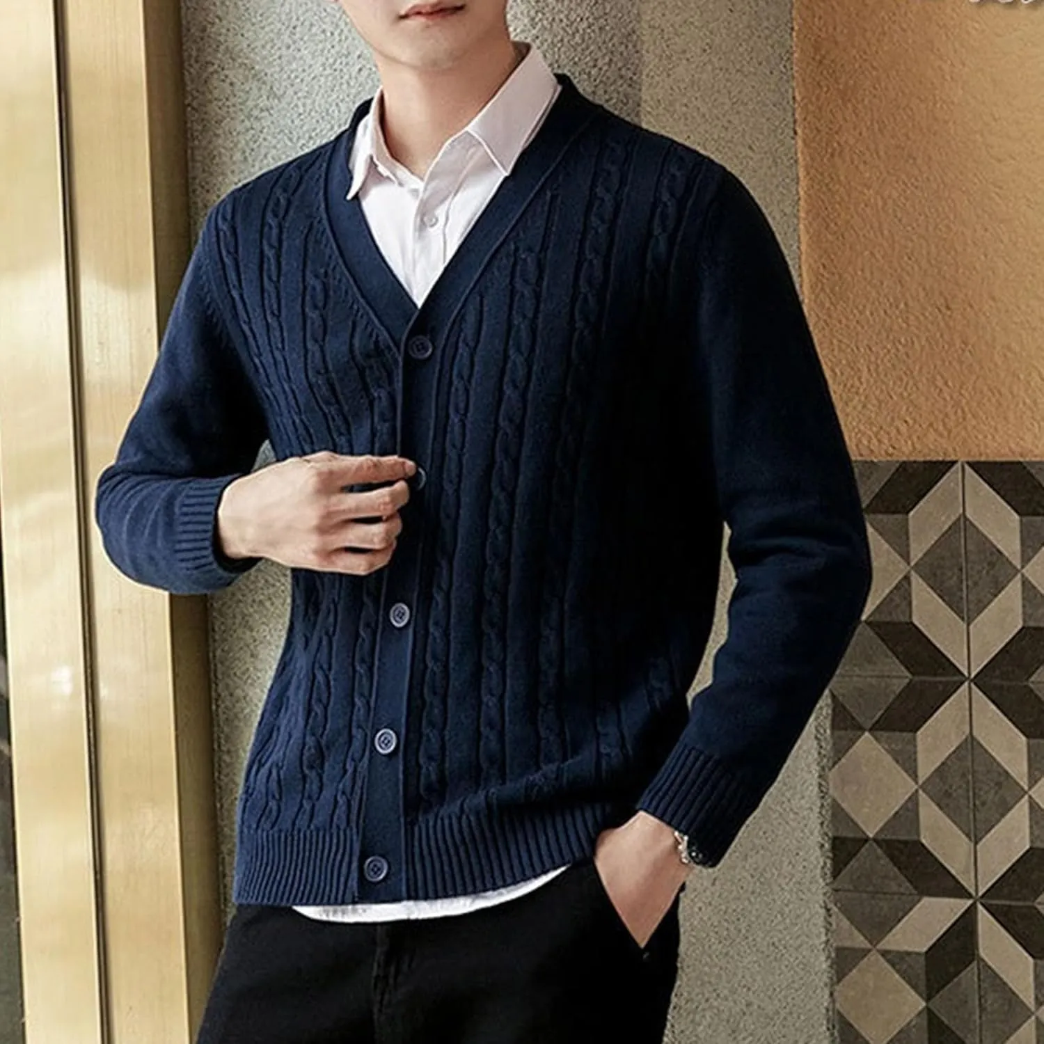 Men's Knitted Ribbed V Neck Sweater Cardigan Button Up Regular Fit Sweater Ribbed Long Sleeve Casual Sweaters