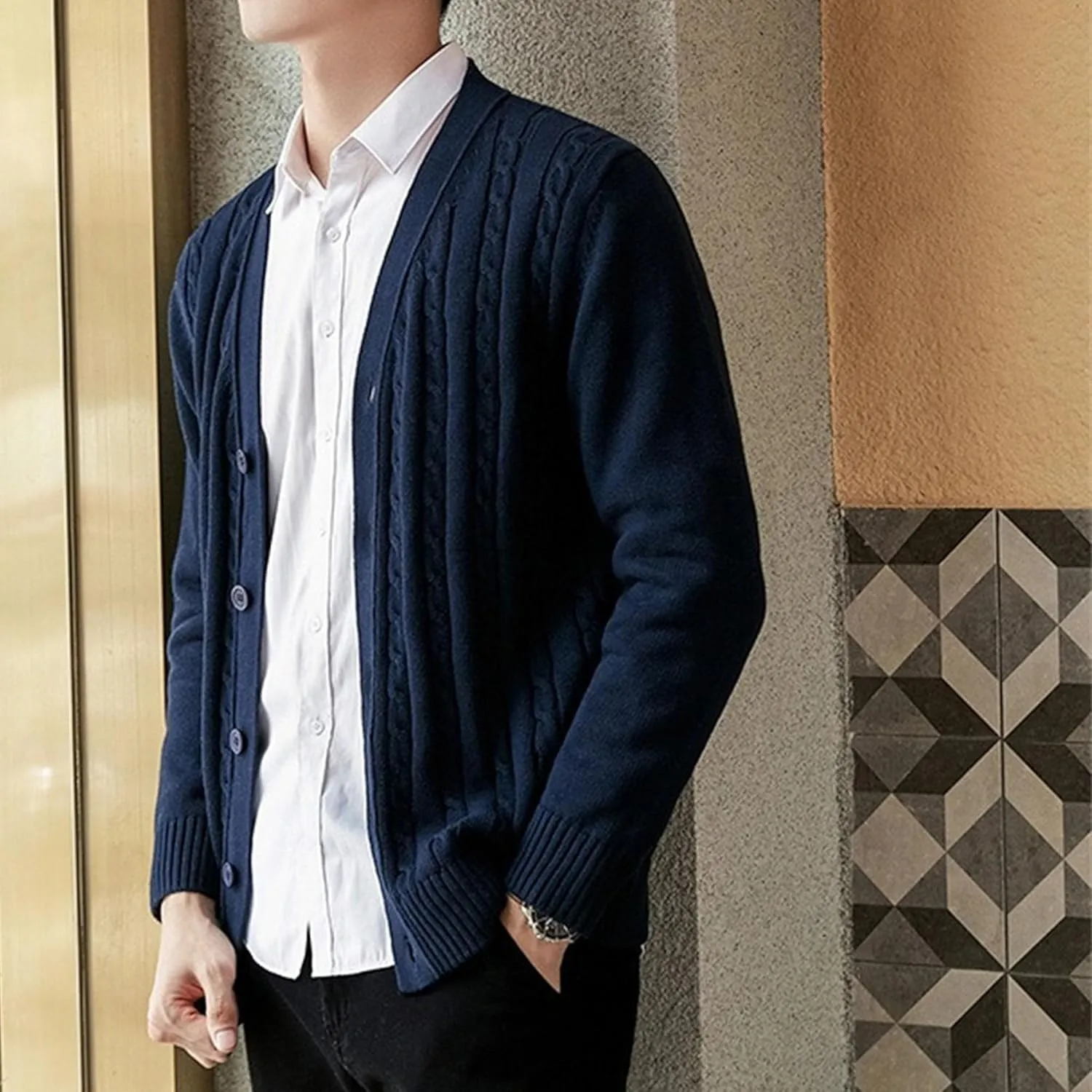 Men's Knitted Ribbed V Neck Sweater Cardigan Button Up Regular Fit Sweater Ribbed Long Sleeve Casual Sweaters