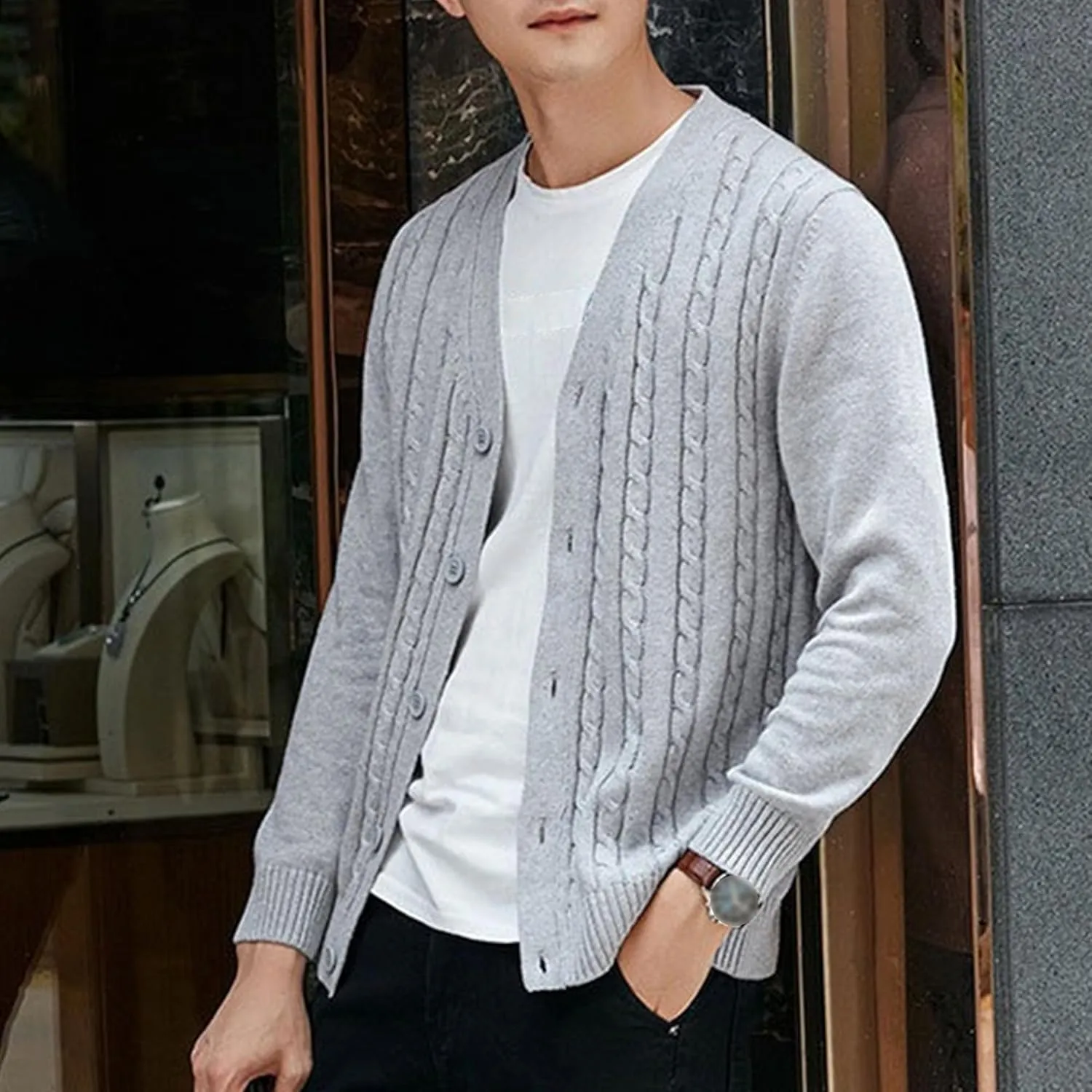 Men's Knitted Ribbed V Neck Sweater Cardigan Button Up Regular Fit Sweater Ribbed Long Sleeve Casual Sweaters
