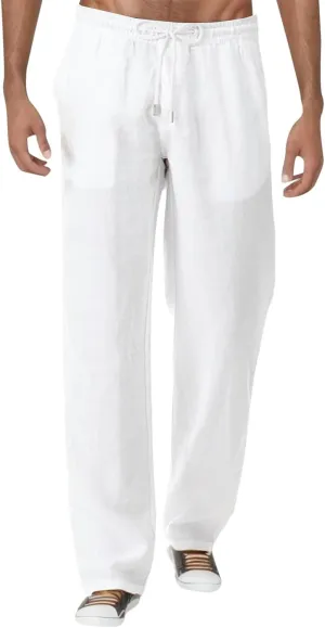 Mens Linen Pants Loose Fit Lightweight Sweatpants Casual Wide Leg Breathable Drawstring Waist Summer Beach Trousers