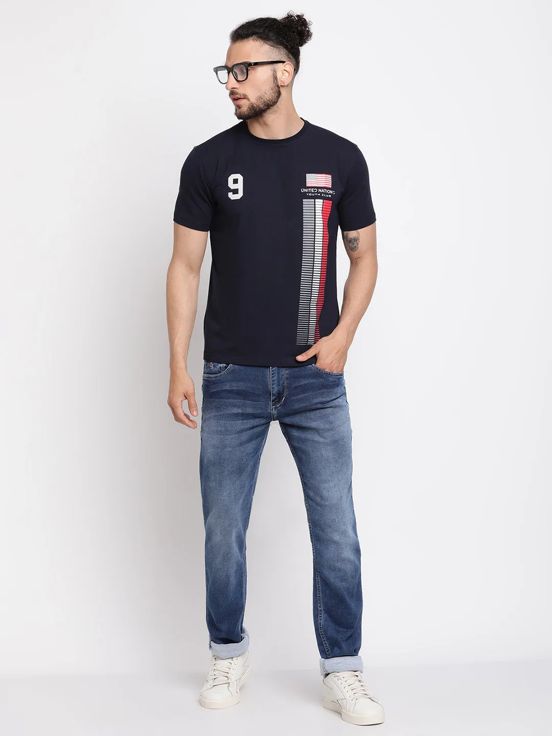 Men's Navy Blue Round neck Half Sleeve T-Shirt with Print