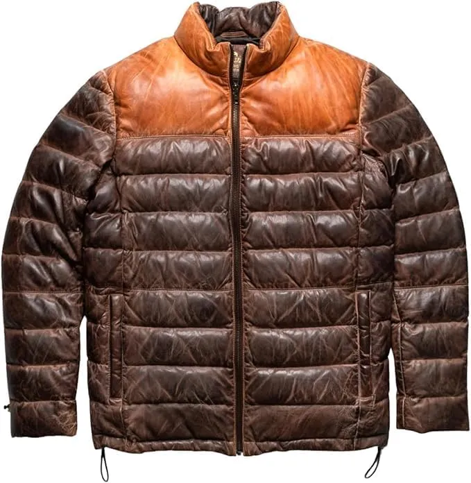 Men's Puffer Genuine Sheepskin Leather Jacket, Two Tone Puffer Down Leather Winter Jacket | Puffer Bomber Jacket
