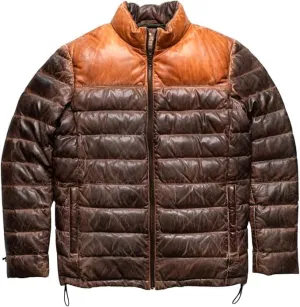 Men's Puffer Genuine Sheepskin Leather Jacket, Two Tone Puffer Down Leather Winter Jacket | Puffer Bomber Jacket