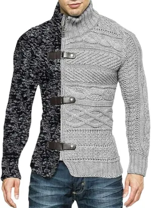 Men's Slim Fit Cable Chunky Knit Full Zip Up Button Turtle Neck Sweaters Cardigans