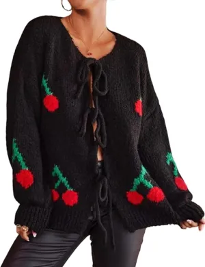 Mingzhu Womens Loose Bow Tie Open Front Cardigan Sweater Casual Long Sleeve Ribbed Knit Outwear