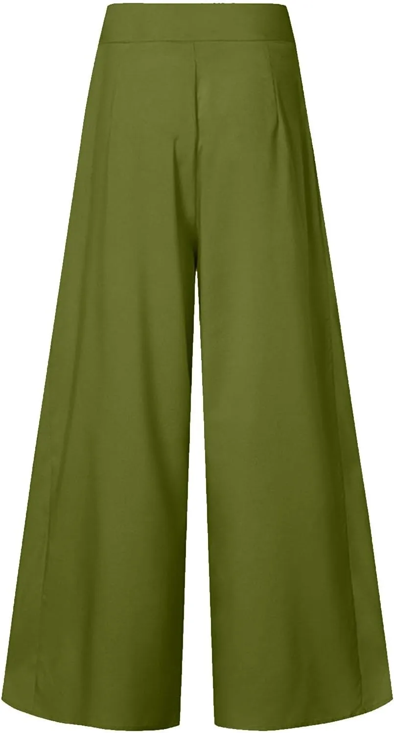 Miyaomn Trendy Flowy Pants for Women Casual High Waist Wide Leg Palazzo Pants Pleated Front Dress Trousers Plus Size Culottes