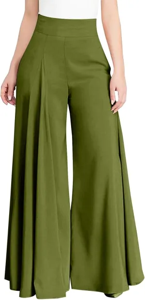 Miyaomn Trendy Flowy Pants for Women Casual High Waist Wide Leg Palazzo Pants Pleated Front Dress Trousers Plus Size Culottes