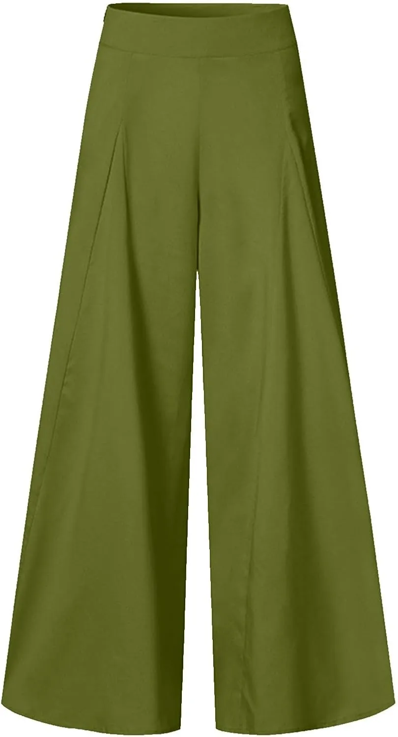 Miyaomn Trendy Flowy Pants for Women Casual High Waist Wide Leg Palazzo Pants Pleated Front Dress Trousers Plus Size Culottes