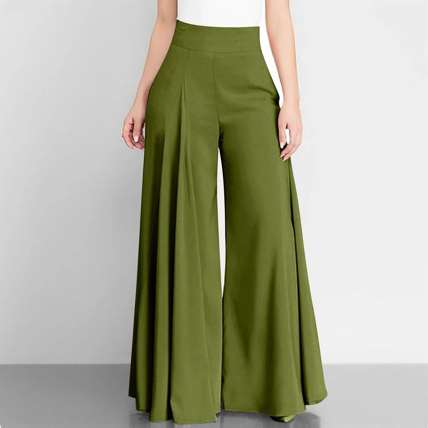 Miyaomn Trendy Flowy Pants for Women Casual High Waist Wide Leg Palazzo Pants Pleated Front Dress Trousers Plus Size Culottes