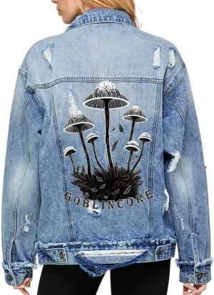 Mushrooms Women's Oversized Denim Jacket - Unique Ladies Denim Jacket - Cool Denim Jacket