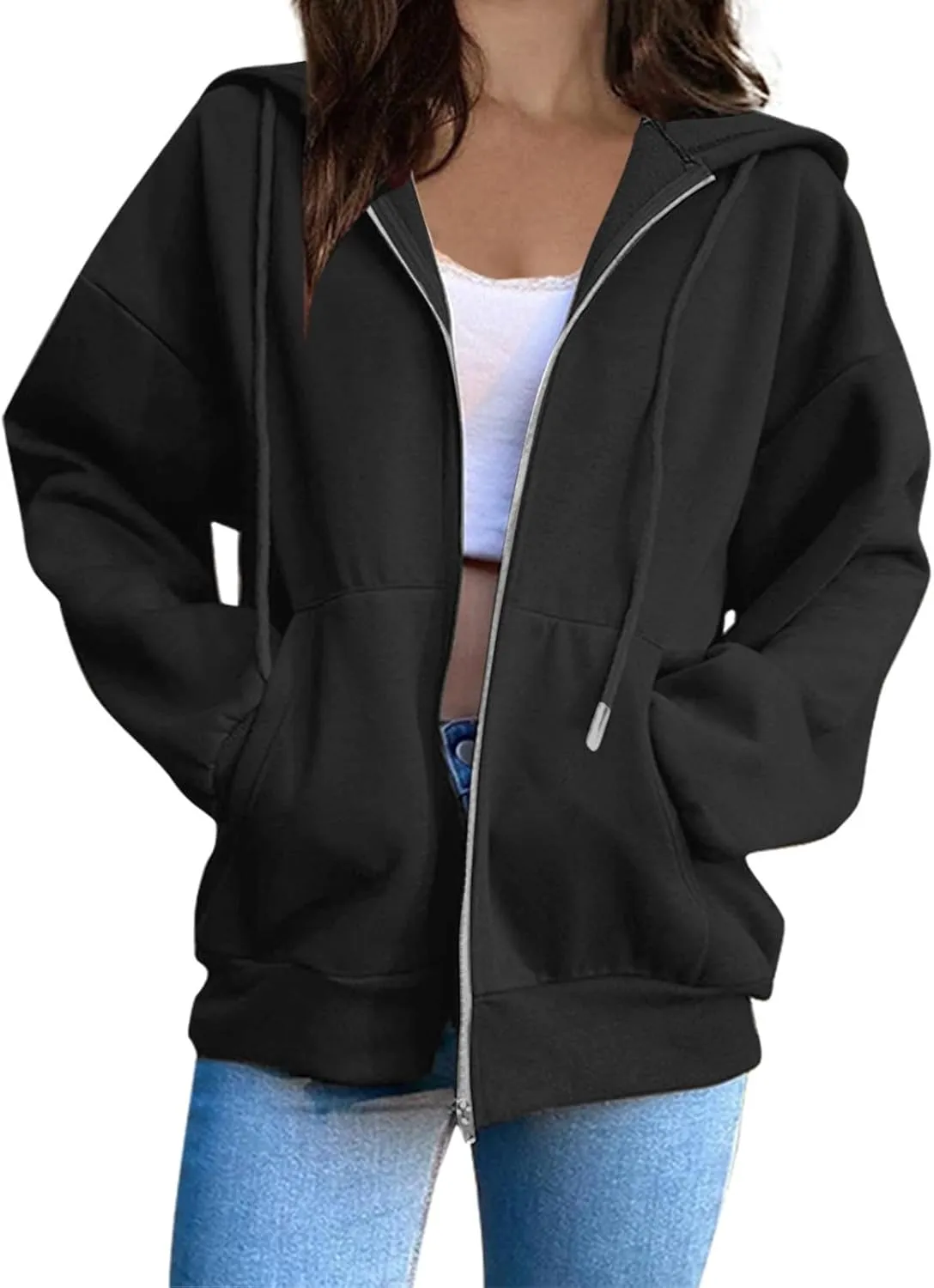 Mzkdieey Womens Zip Up Hoodies Fall Jacket Drawstring Long Sleeve Hooded Sweatshirts Oversized Outerwear Coat with Pockets