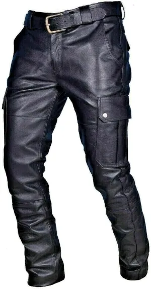 NATHGAM Men's Faux PU Leather Pants Skinny Sexy Slim Fit Straight Leg Biker Pants Steampunk Motorcycle Pants with Pockets