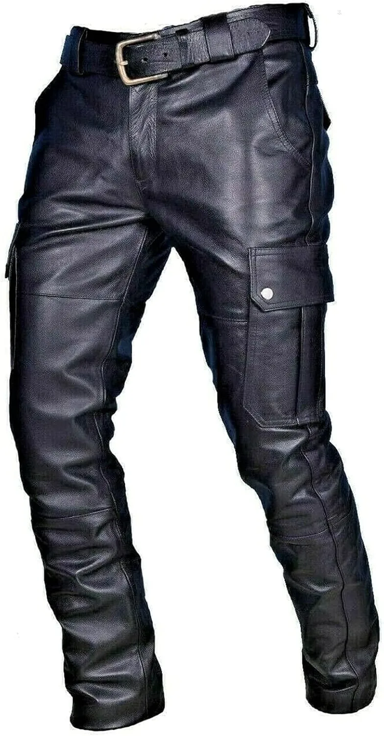 NATHGAM Men's Faux PU Leather Pants Skinny Sexy Slim Fit Straight Leg Biker Pants Steampunk Motorcycle Pants with Pockets