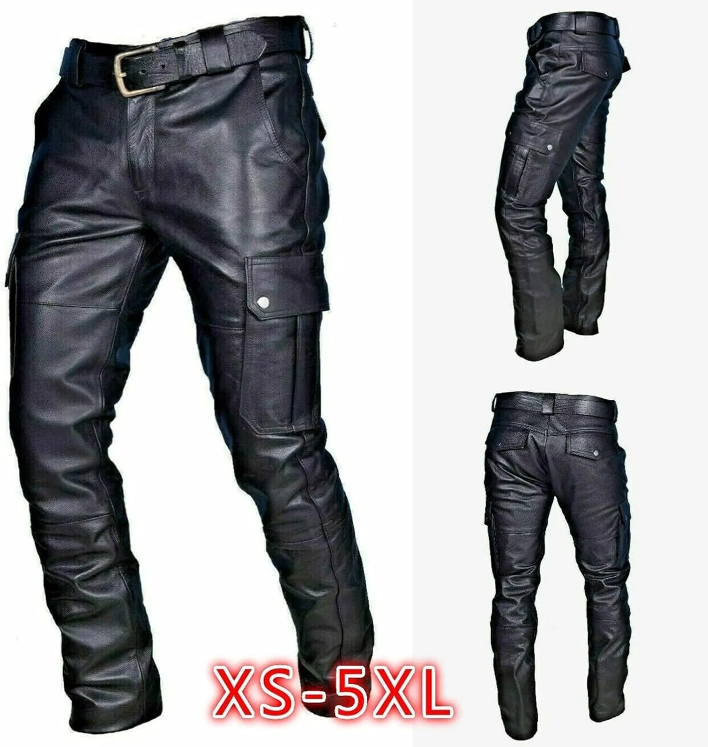 NATHGAM Men's Faux PU Leather Pants Skinny Sexy Slim Fit Straight Leg Biker Pants Steampunk Motorcycle Pants with Pockets