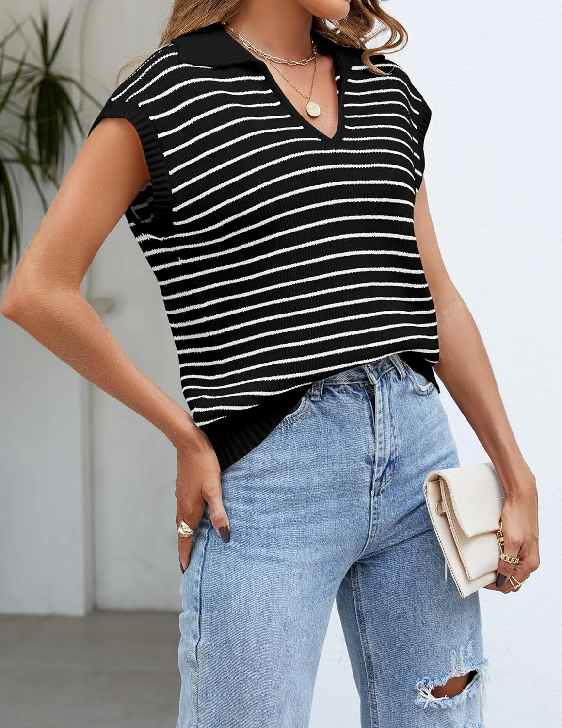 NENONA Women's V Neck Cap Sleeve Summer Sweater Tops 2024 Striped Casual Loose Knit Vest