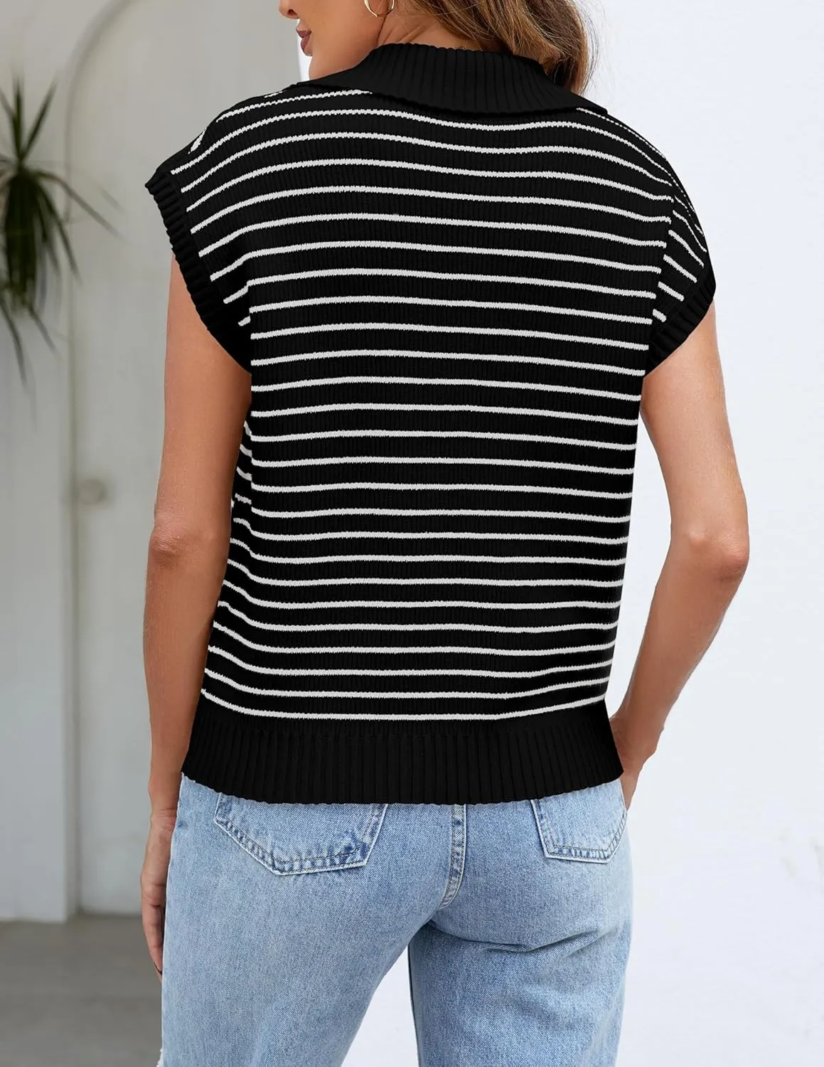 NENONA Women's V Neck Cap Sleeve Summer Sweater Tops 2024 Striped Casual Loose Knit Vest