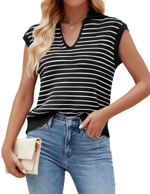 NENONA Women's V Neck Cap Sleeve Summer Sweater Tops 2024 Striped Casual Loose Knit Vest