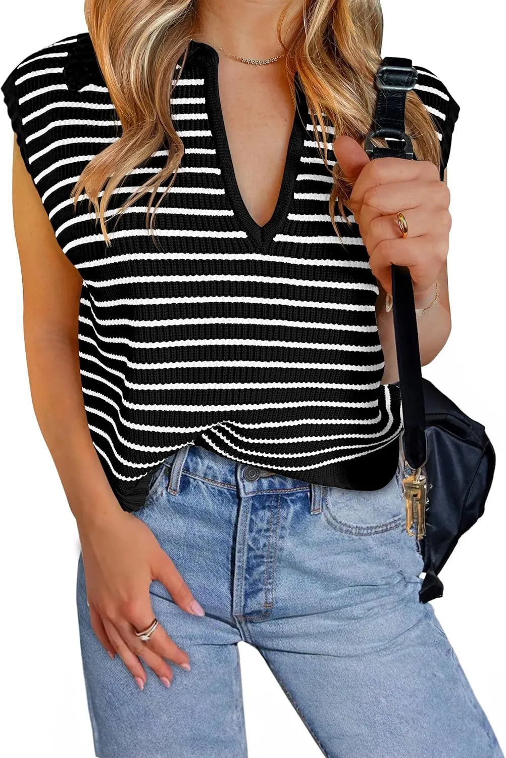 NENONA Women's V Neck Cap Sleeve Summer Sweater Tops 2024 Striped Casual Loose Knit Vest