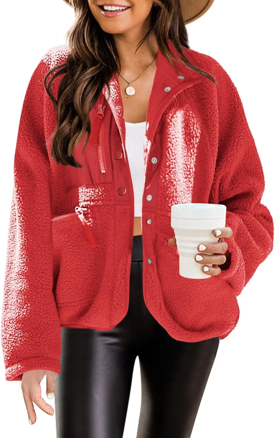 Nirovien Womens Fuzzy Fleece Jacket Button Down Sherpa Coats Casual Winter Warm Outwear with Pockets