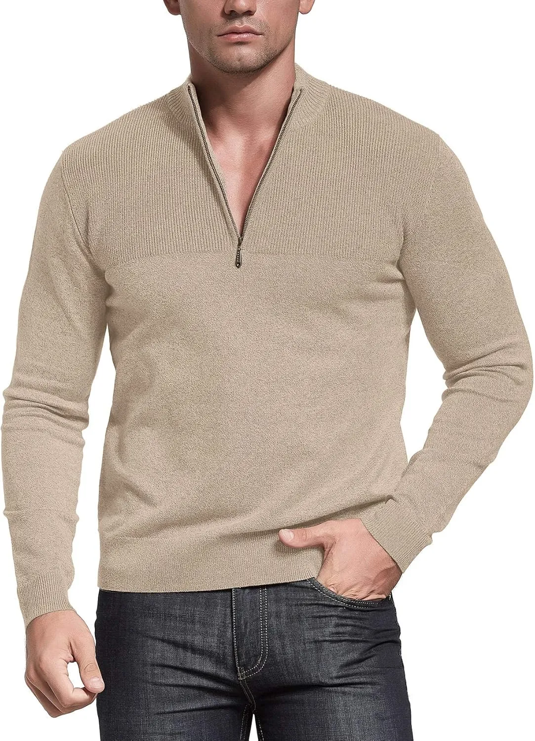 NITAGUT Mens Slim Fit Zip Up Mock Neck Polo Sweater Casual Long Sleeve Sweater and Pullover Sweaters with Ribbing Edge
