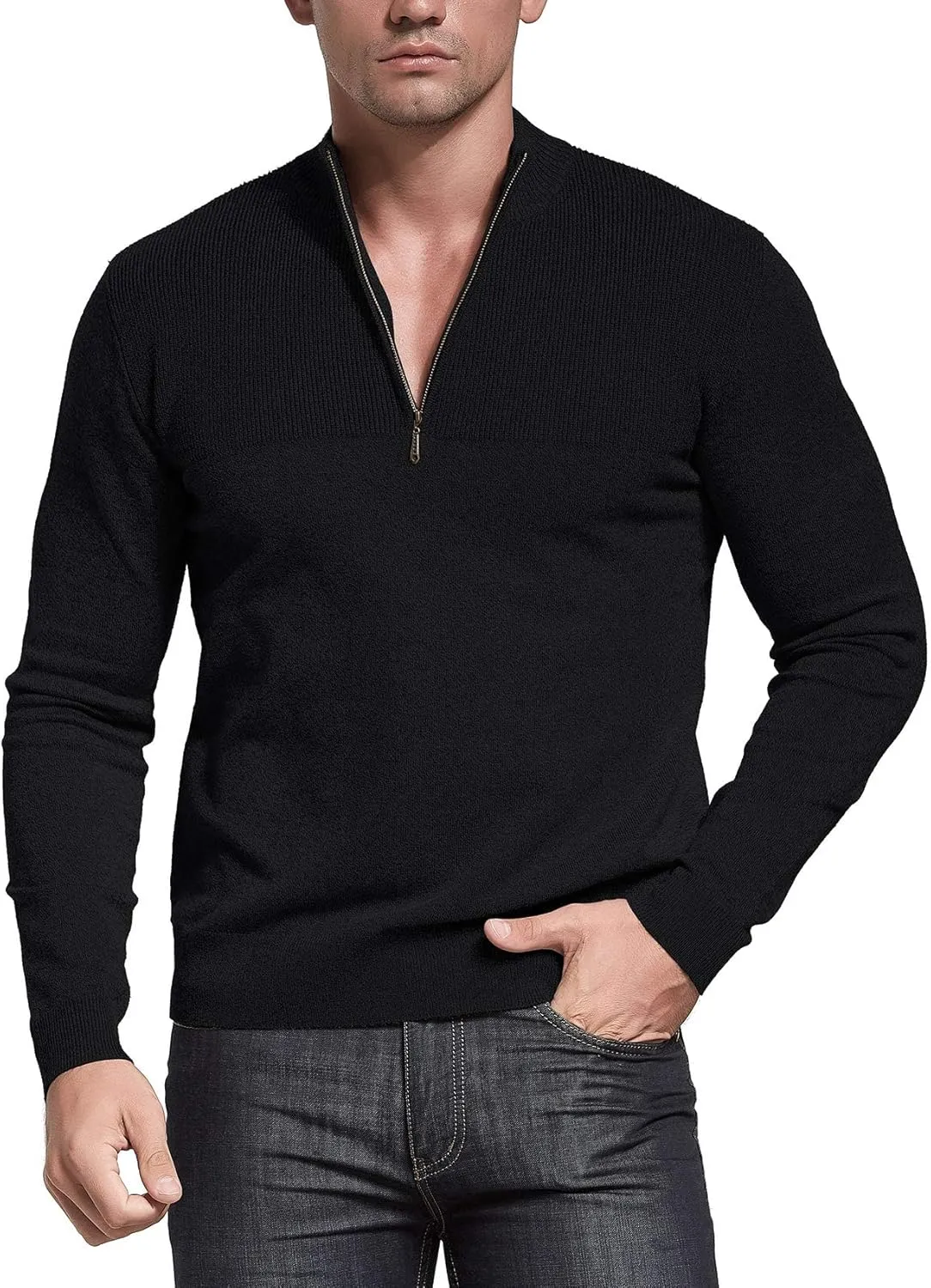 NITAGUT Mens Slim Fit Zip Up Mock Neck Polo Sweater Casual Long Sleeve Sweater and Pullover Sweaters with Ribbing Edge