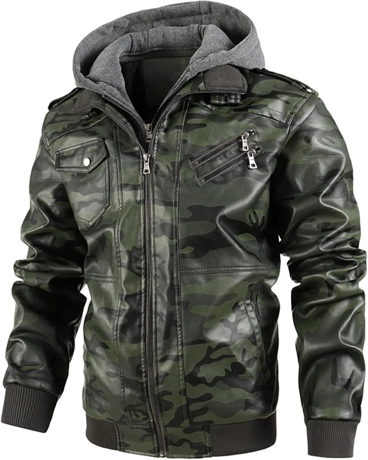PEGENO Men's Lightweight Faux Leather Jacket Camouflage Motorcycle Jacke