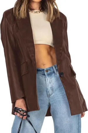 Pepochic Womens Oversized Leather Jacket Long Sleeve Faux Leather Blazer Lapel Button Down Leather Shacket Coat with Pockets