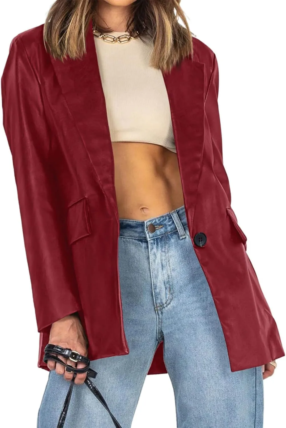 Pepochic Womens Oversized Leather Jacket Long Sleeve Faux Leather Blazer Lapel Button Down Leather Shacket Coat with Pockets
