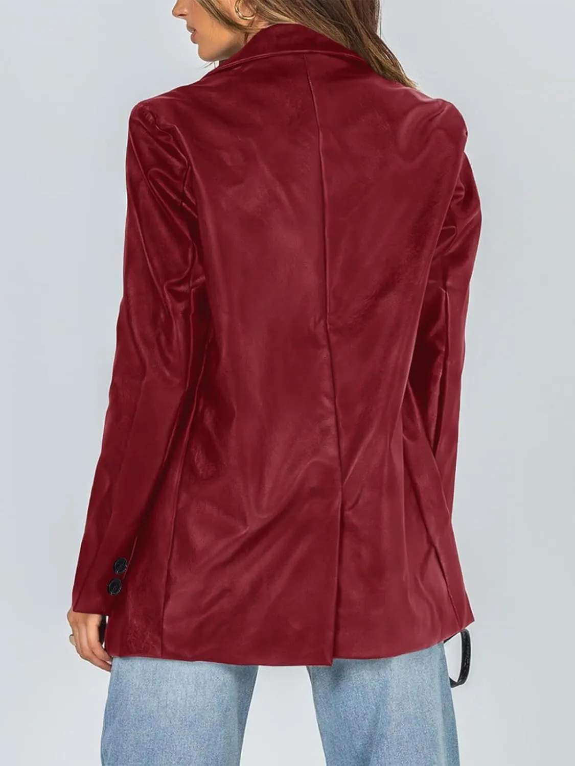 Pepochic Womens Oversized Leather Jacket Long Sleeve Faux Leather Blazer Lapel Button Down Leather Shacket Coat with Pockets
