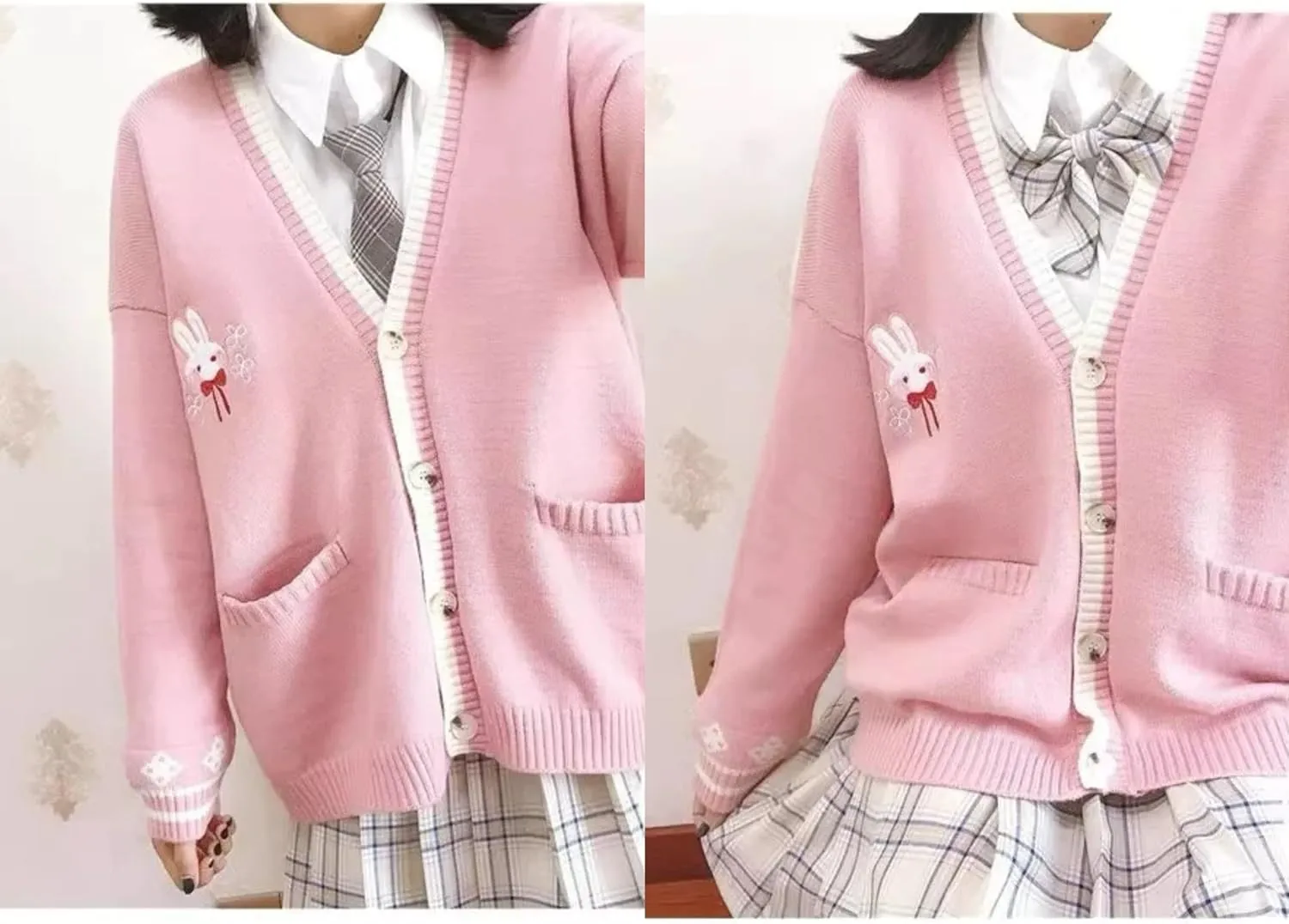 Pink Kawaii Preppy Bunny Cardigan Sweater for Girl Loose Embroidery Plaid Soft Cozy Sweater 10 12 14Gift