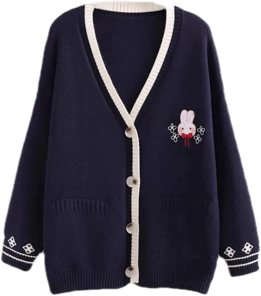 Pink Kawaii Preppy Bunny Cardigan Sweater for Girl Loose Embroidery Plaid Soft Cozy Sweater 10 12 14Gift