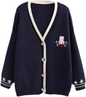 Pink Kawaii Preppy Bunny Cardigan Sweater for Girl Loose Embroidery Plaid Soft Cozy Sweater 10 12 14Gift