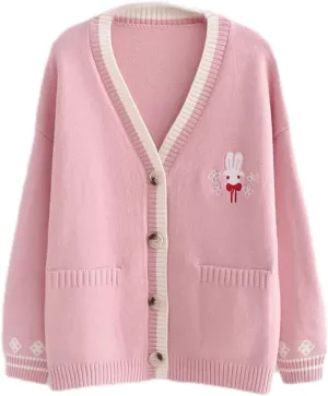 Pink Kawaii Preppy Bunny Cardigan Sweater for Girl Loose Embroidery Plaid Soft Cozy Sweater 10 12 14Gift
