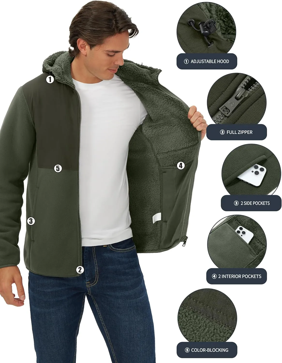 Pioneer Camp Men's Polar Fleece Jacket Sherpa Lined Warm Full Zip Up Hoodie Heavyweight Winter Jacket with Hood Outerwear