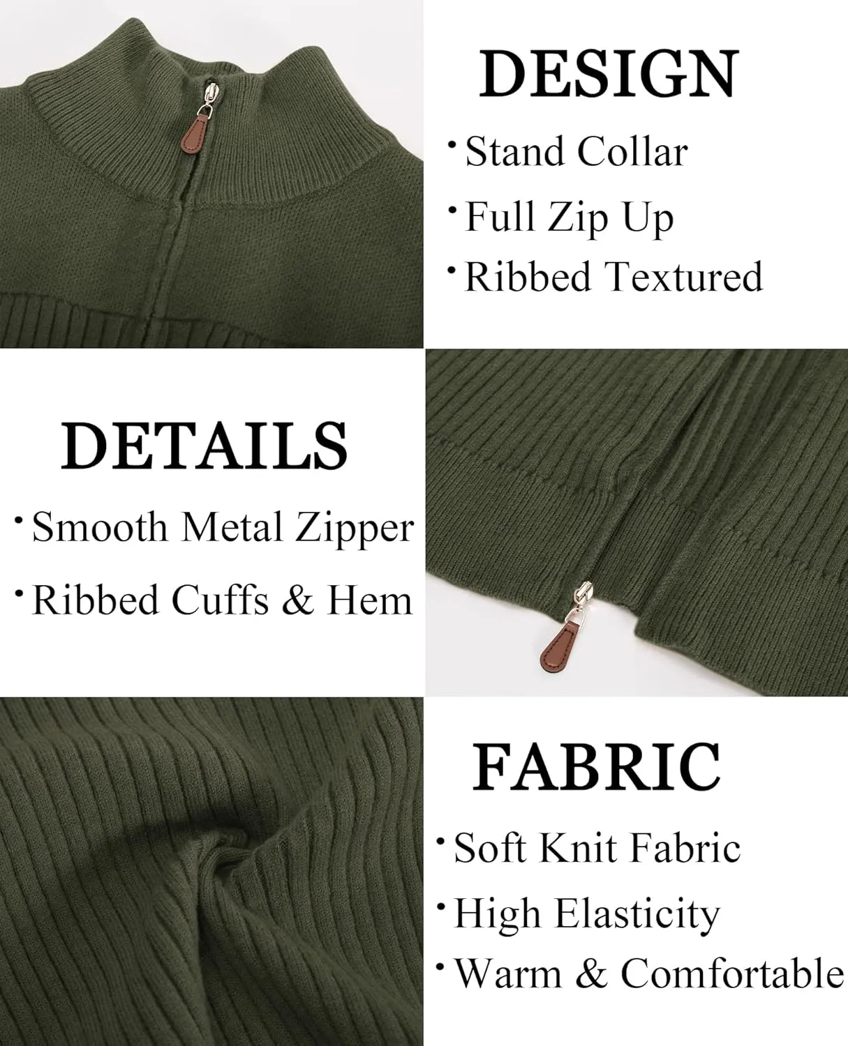 PJ PAUL JONES Men's Full Zipper Cardigan Casual Stand Collar Cardigan Sweater Ribbed Knit Long Sleeve Sweater