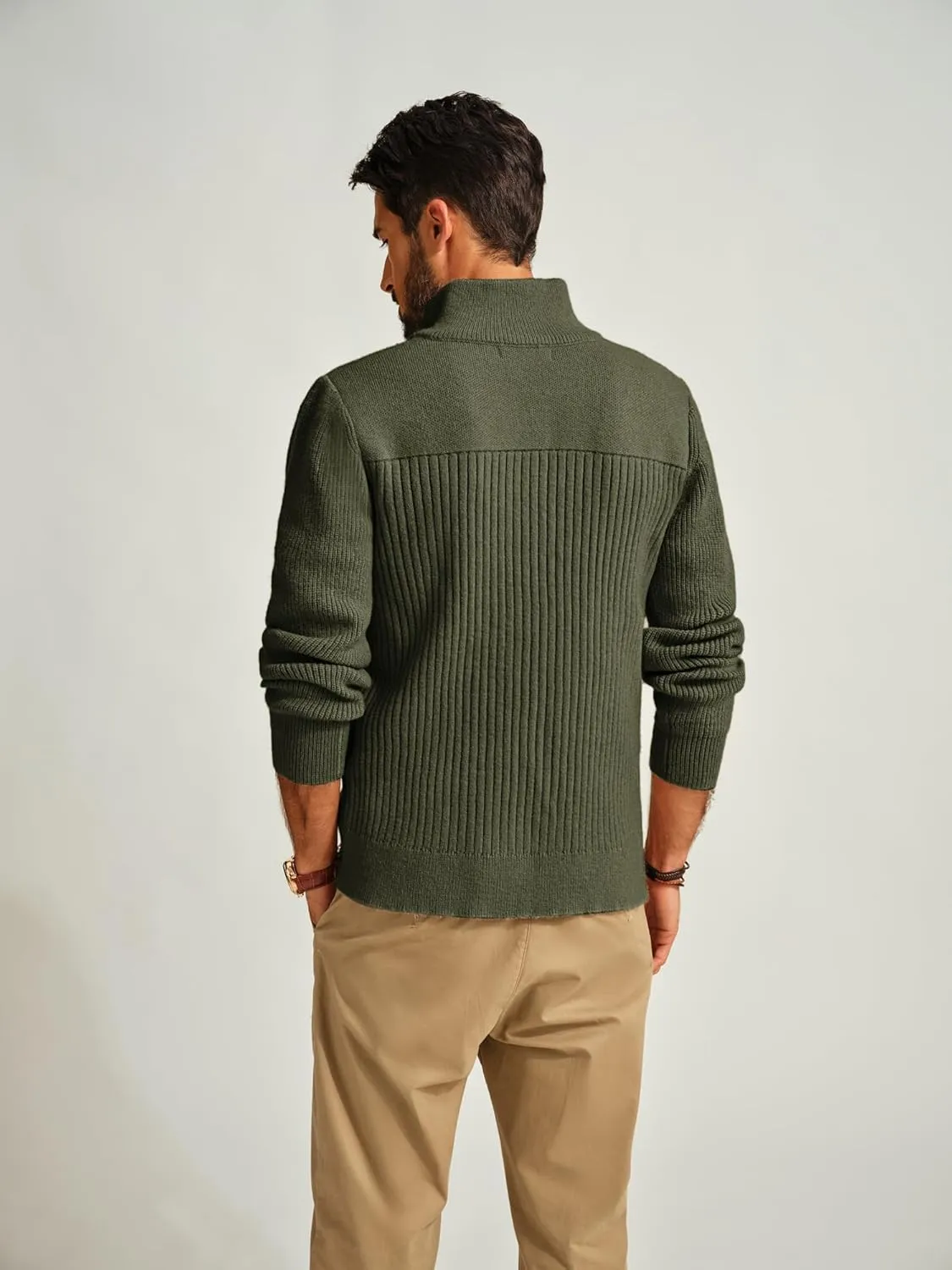 PJ PAUL JONES Men's Full Zipper Cardigan Casual Stand Collar Cardigan Sweater Ribbed Knit Long Sleeve Sweater