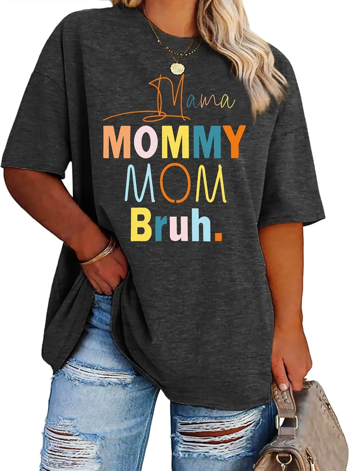 Plus Size Mama Shirt for Women Mama Mommy Mom Bruh Tshirt Funny Mom Tops Casual Short Sleeve T Shirt