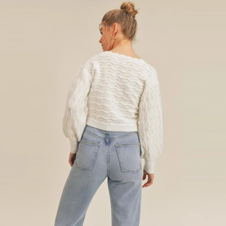 Pointelle Knit Sweater Cardigan (Cream)