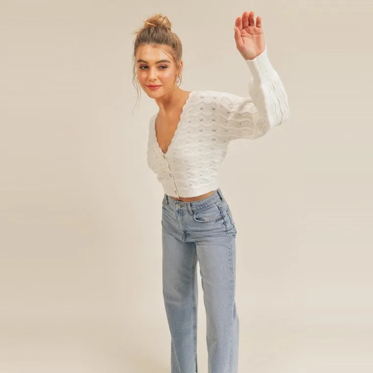 Pointelle Knit Sweater Cardigan (Cream)