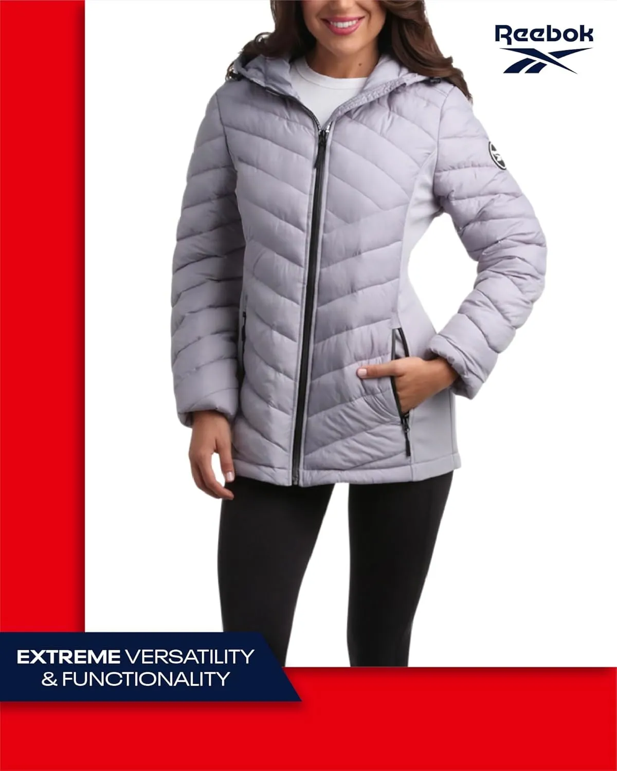 Reebok Women's Jacket - Lightweight Quilted Puffer Parka Coat with Flex Stretch Panels  Casual Jacket for Women (S-XL)