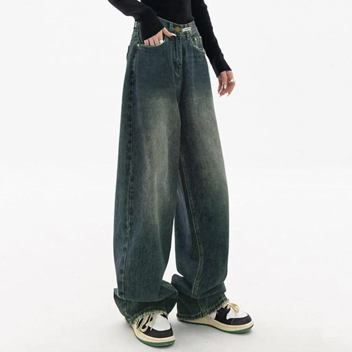 Retro Street Hip Hop Jeans Feng Shui Washed Old Straight Leg Wide Leg Pants Loose Floor Sweeping Jean for Tall